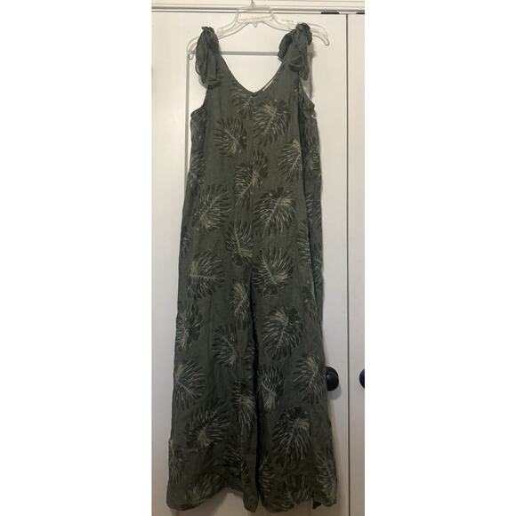 Women’s Small 100% Linen Olive Print Wide Jumpsuit Shoulder Bows Boho Lagenlook - Picture 5 of 16
